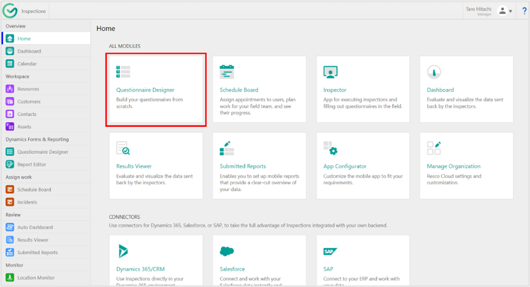 Resco Inspections main page with Questionnaire Designer option highlighted