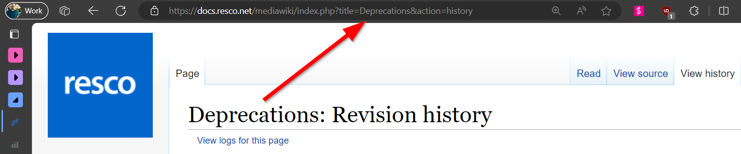 An URL link of Resco Wiki Deprecations page